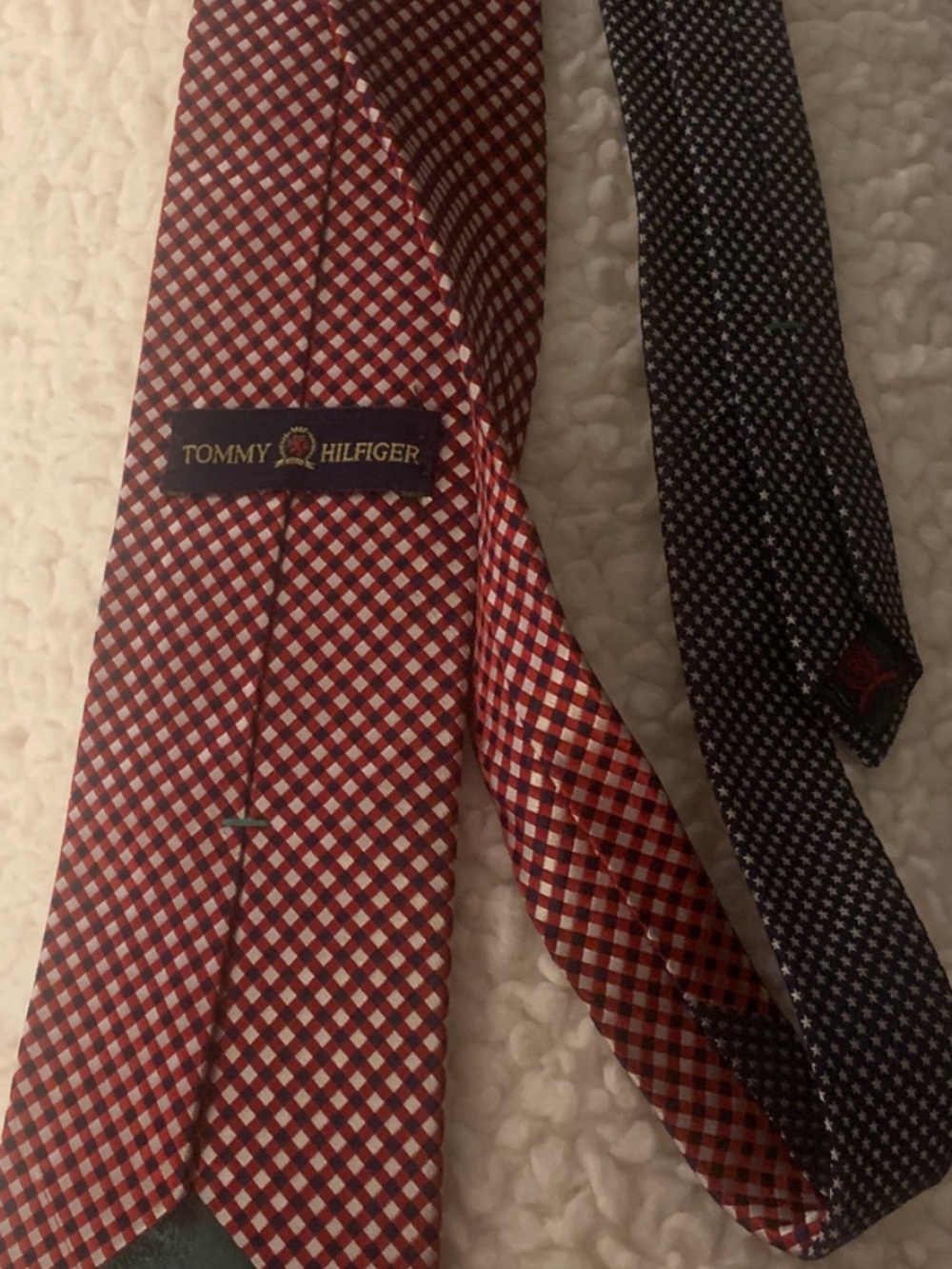 Red and Navy Micro-Check Silk Tie with Star Accent
